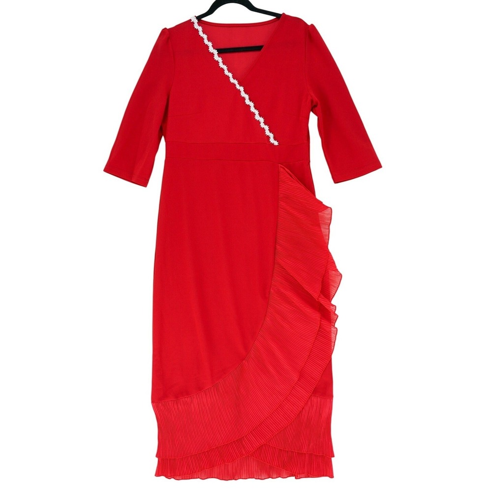 Red Pleated Ruffle Lace Trim Faux Wrap Midi Dress L 8/10